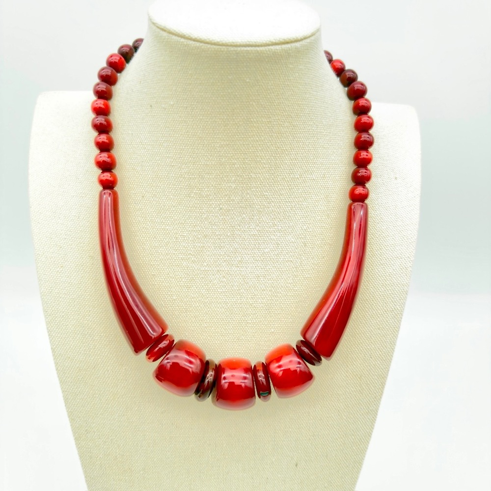 VTG Faturan Cherry Amber Bakelite Necklace 101g Resin Coated Barrel Beads 22"